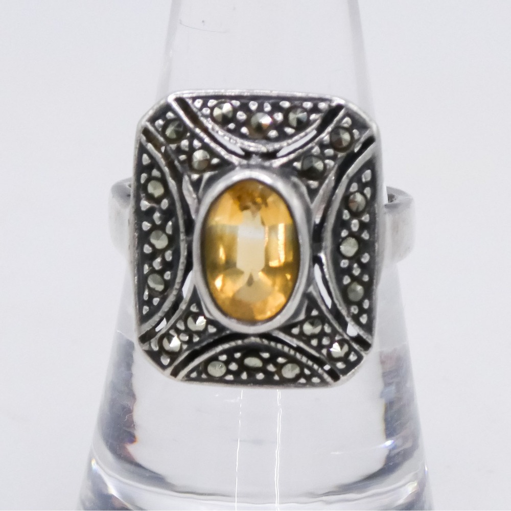Art Deco Style Citrine Marcasite Sz 6.5 Sterling Silver Womens Cocktail Ring